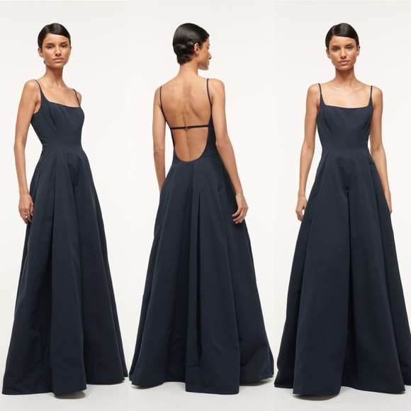 STAUD Joli Open-Back Full Skirt Maxi Dress Gown Navy Blue NWT Size 4 - Picture 12 of 16